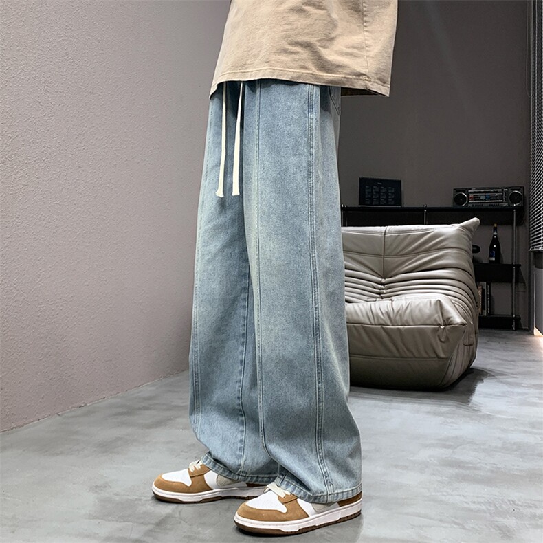 2025年秋季新款牛仔裤港风松紧腰垂感百搭阔腿裤长裤子118-特P38，男装牛仔裤，星座1006-1