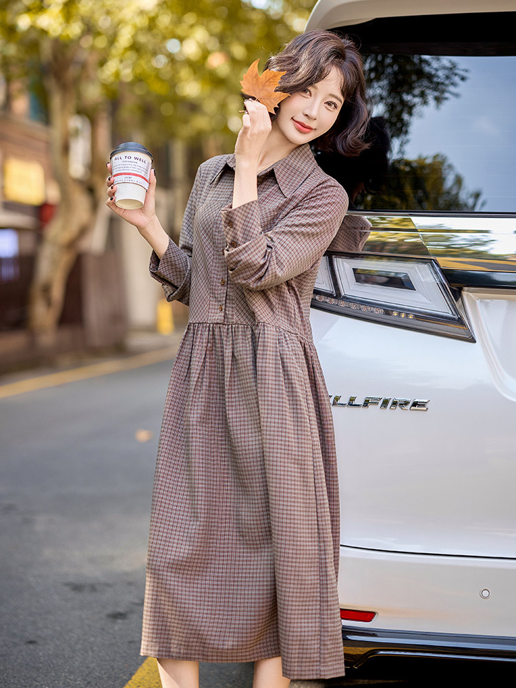 格纹衬衫连衣裙女2025春季新款宽松显瘦气质名媛收腰长裙,商品下架区,水衣源