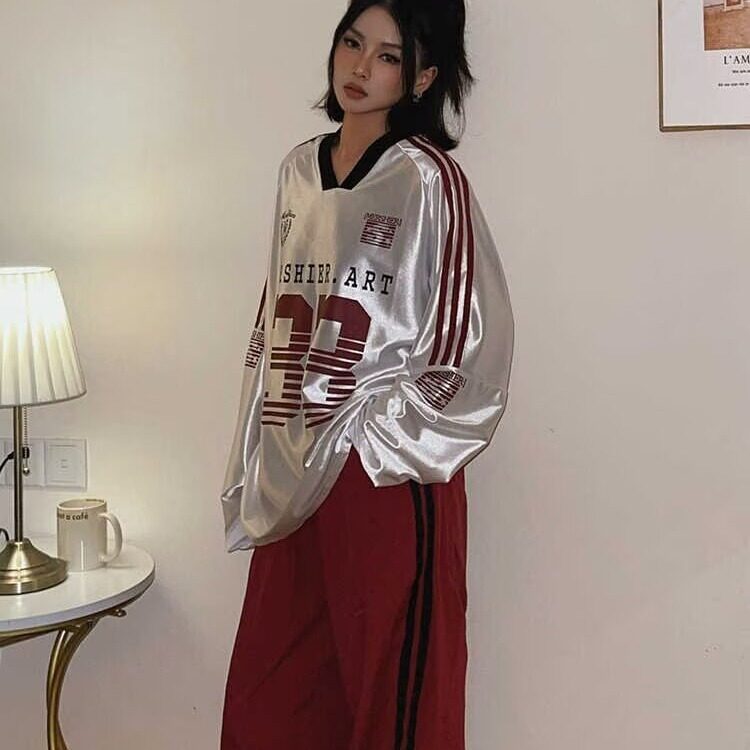 W10329-P40网图现货美式复古泽西风V领长袖T恤宽松运动透气球衣,男装T恤,星座1608