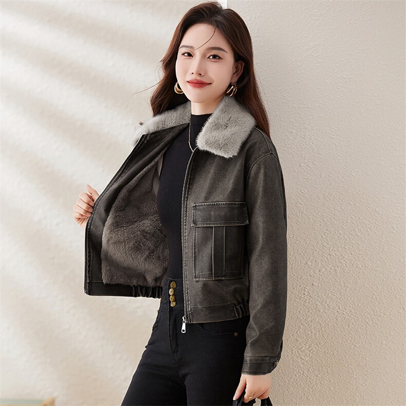 复古加绒皮衣外套女小个子短款2023冬装新款配毛领修身机车服夹克,女装棉衣/棉服,潮流依族