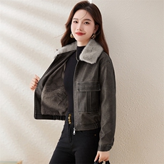 复古加绒皮衣外套女小个子短款2023冬装新款配毛领修身机车服夹克，女装棉衣/棉服，潮流依族