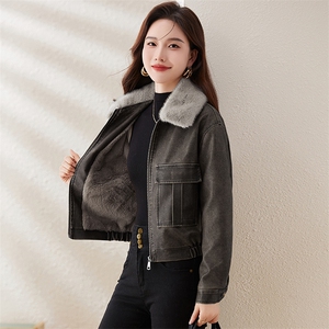 复古加绒皮衣外套女小个子短款2023冬装新款配毛领修身机车服夹克图片