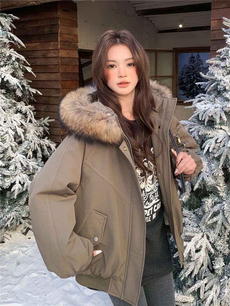 工装风大毛领羽绒服女短款2025冬季新款时尚加厚派克服军绿色外套,女装羽绒服,艾米莉亚
