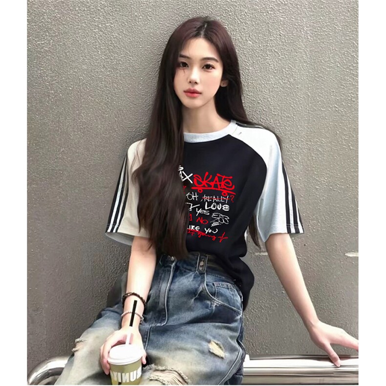 抖音得物品质二开240克宽松纯棉美式潮牌插肩三杠织带短袖T恤图片