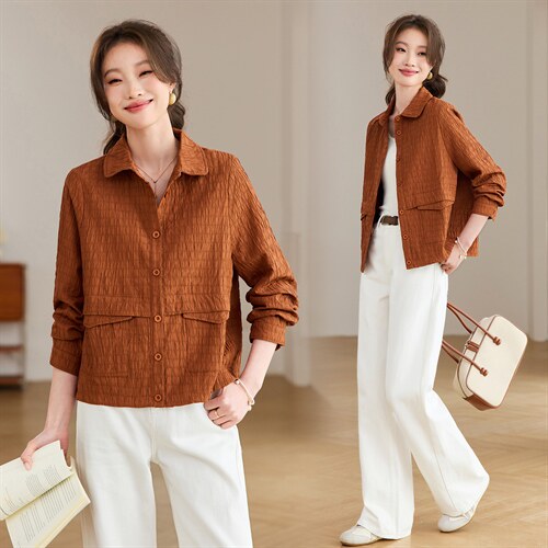 2026年春季翻领短款扣子休闲宽松微胖显瘦外套，女装短外套，文熹诺