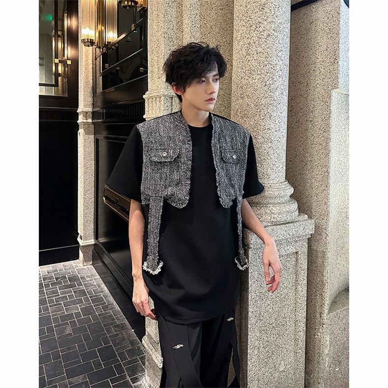 现货！25春夏男士垫肩小香风格纹拼接短袖T恤DX173-P78,男装T恤,电商B288
