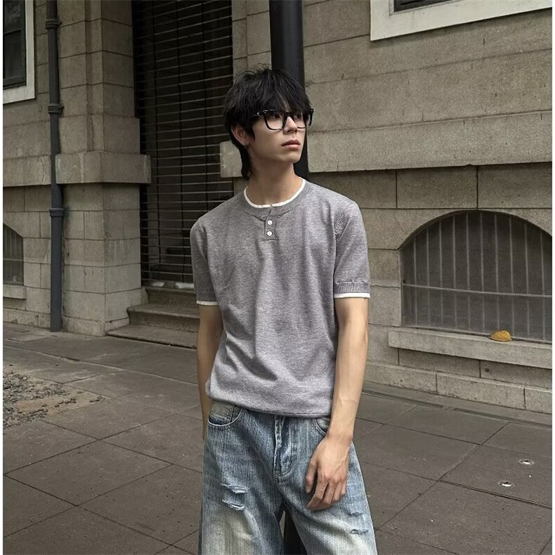百搭潮流新款气质亨利领假两件针织短袖A981-P42,男装T恤,星座208-5