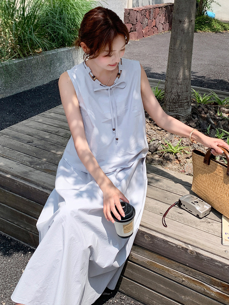 清冷系文艺风假两件无袖背心连衣裙女夏2025新款气质套装连身长裙,女装连衣裙,浙宝305