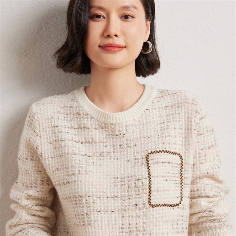 时尚女士圆领金豆彩丝羊绒套衫优雅百搭显瘦保暖毛衣,女装羊绒衫,臻维羊绒