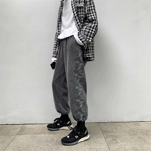 牛仔裤男直筒宽松腰果花港风休闲长裤抽绳束脚宽松裤子nzk299-p45图片