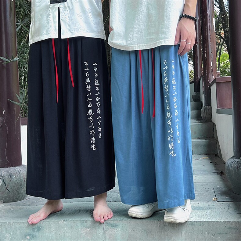 新中式棉麻休闲裤现货文字刺绣垂坠感八分裤夏季A021-ZK031-P55,男装休闲裤,电商A021