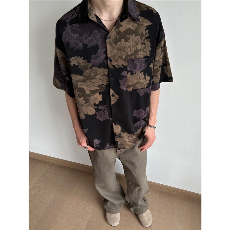 花色短袖衬衫男高级感冰丝垂感寸衫新款夏季潮流休闲衬衣CA6722,男装T恤,星座1116A（原606A-3）