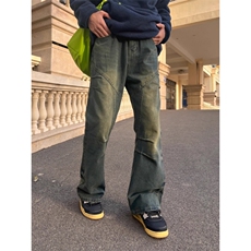 美式高街复古水洗做旧拼接牛仔裤男宽松微喇垂感cleanfit显瘦长裤，男装牛仔裤，四季星座505