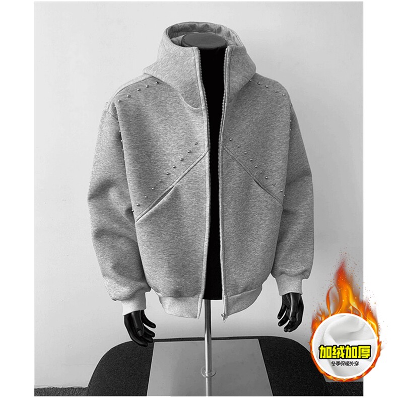 480G重磅加绒硬挺boxy男女秋冬美式高街卫衣铆钉拼接开衫厚外套，女装短外套，电商A486