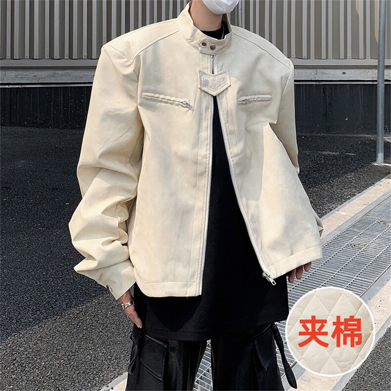 美式复古做旧棕色机车服皮衣外套男秋冬加棉小众感短款垫肩夹克衫,男装皮衣,星座505-2（原电商A260-1)