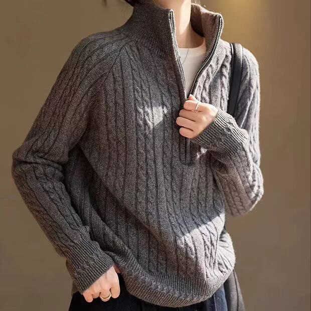 2025年秋季通勤时尚百搭通勤简约休闲重磅全身扭花半拉链，女装羊毛衫，冀清阳荣
