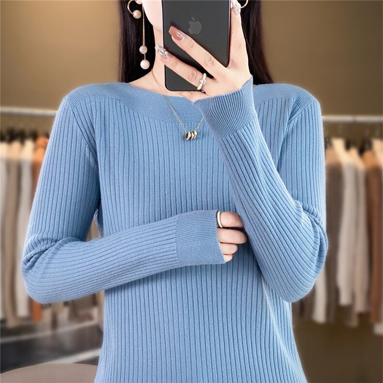 时尚百搭黑色坑条一字领长袖针织衫显瘦修身仿羊毛毛衣女款,针织衫/毛衣,暖姿羊绒