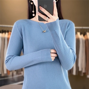 时尚百搭黑色坑条一字领长袖针织衫 显瘦修身仿羊毛毛衣女款图片
