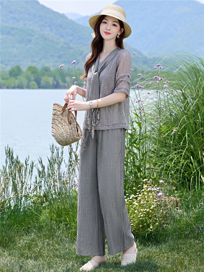 时尚潮流2026年夏季流苏领带休闲风时尚两件套裤,女装套装/套裙,伊航服饰