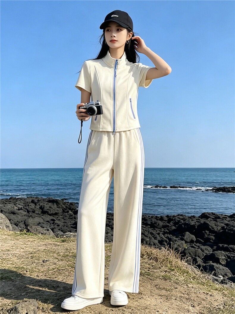 港风炸街休闲运动套装女夏洋气显瘦修身立领短袖上衣阔腿裤两件套,女装套装/套裙,江南