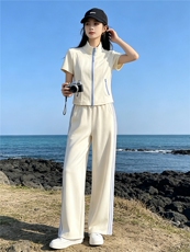 港风炸街休闲运动套装女夏洋气显瘦修身立领短袖上衣阔腿裤两件套，女装套装/套裙，江南