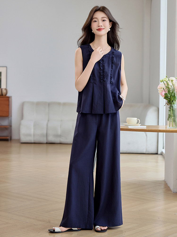 松弛感休闲时尚套装女2025夏季新款气质无袖背心衬衫阔腿裤两件套,女装套装/套裙,韩蜜菓