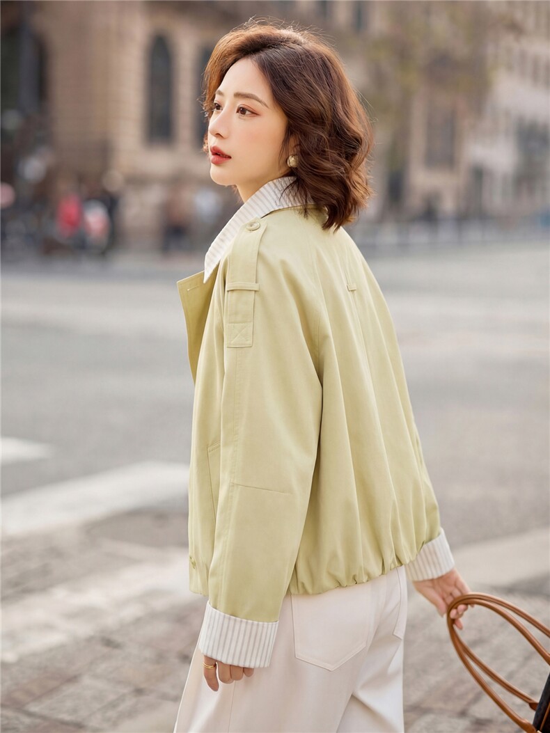现货条纹拼接假两件休闲外套女春款2026新款时尚减龄洋气翻领夹克,女装短外套,涵誉