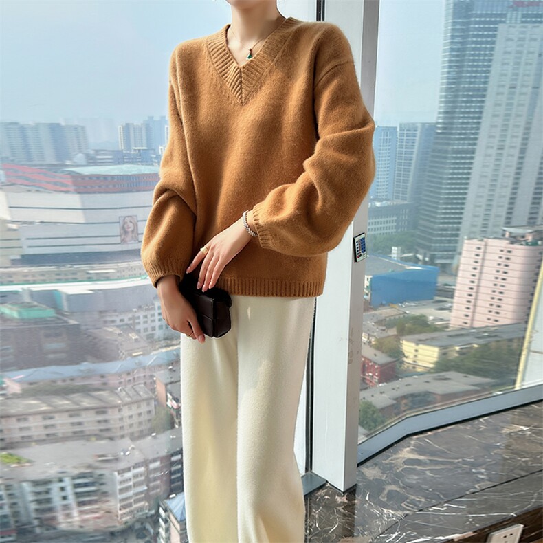 V领羊毛衫女秋冬季新款百搭时尚简约大气宽松保暖女上衣,女装羊毛衫,业大羊绒
