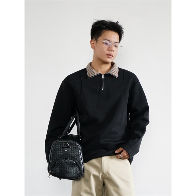 网图现货格子拼接翻领polo衫男秋季宽松休闲长袖卫衣特P38,男装Polo衫,电商C306-1