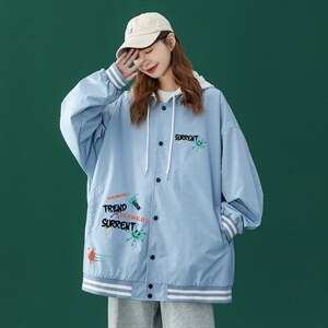 中性春季卡通潮流印花宽松假两件带帽休闲棒球服外套 G22 P65控88图片