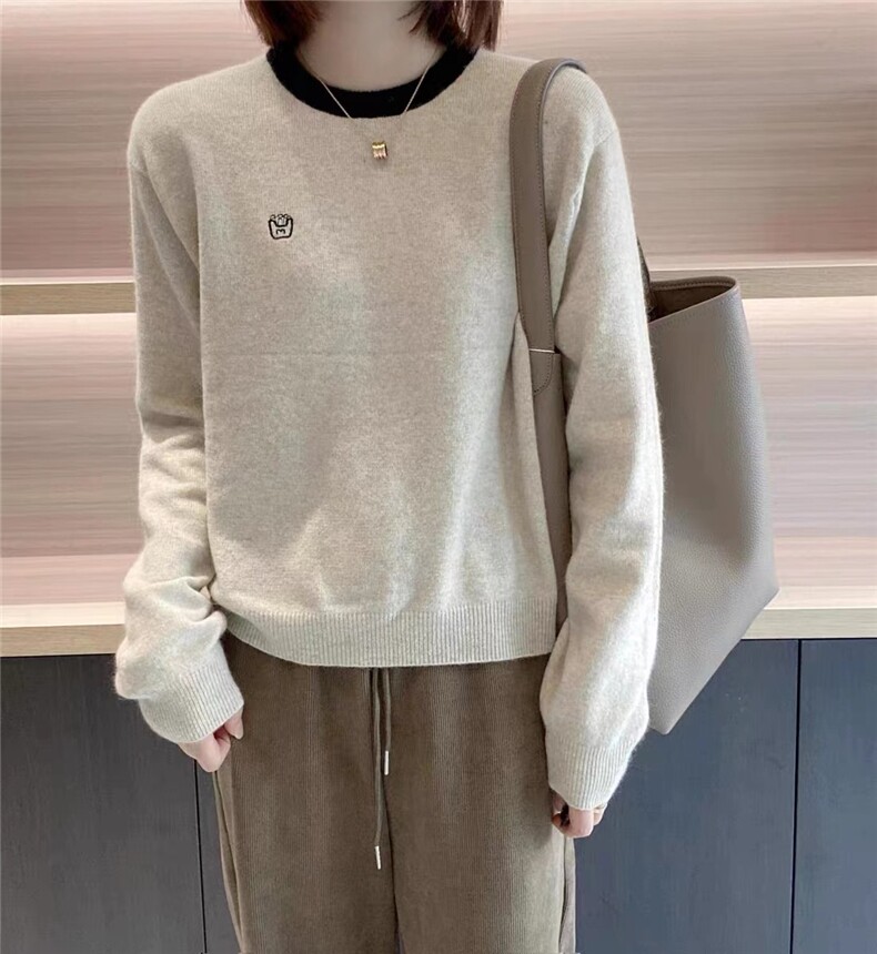 时尚百搭拼色刺绣圆领针织衫女春秋宽松毛衣撞色羊毛打底衫,针织衫/毛衣,雪真羊绒