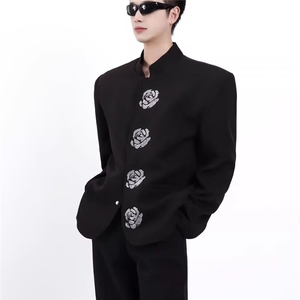 风男立领西服新中式中山装烫钻外套大码垫肩S-5XL JAK47 P70图片