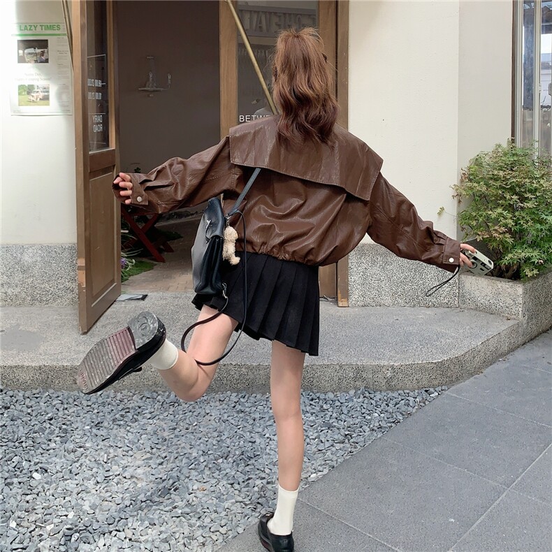 美拉德风娃娃领短款PU皮衣外套女2025年春秋季新款设计感减龄夹克,女装皮衣,蝶眷