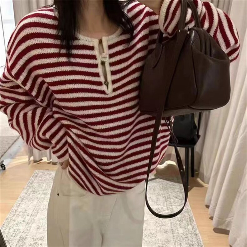 秋冬新款羊毛衫女圆领毛衣条纹长袖保暖套头针织打底衫,女装羊毛衫,锦瑟羊绒