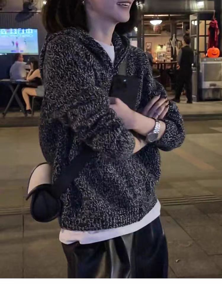 高级感夹花灰色连帽针织开衫女秋冬宽松短款拉链外套羊毛外搭,针织衫/毛衣,百纯羊绒