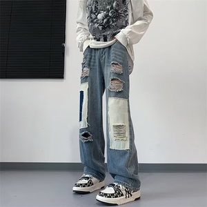 西海岸美式vibe裤子高街拼接破洞牛仔裤男款夏季乞丐裤K6039-P55