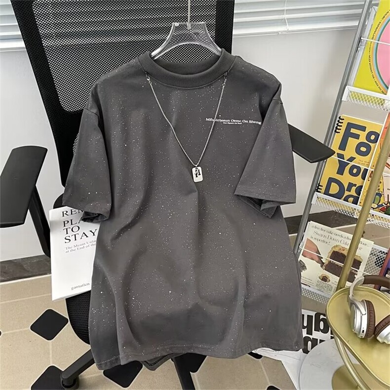 得物品质夏男短袖T恤满天星装饰项链字母印花纯棉T恤衫T05 P45图片
