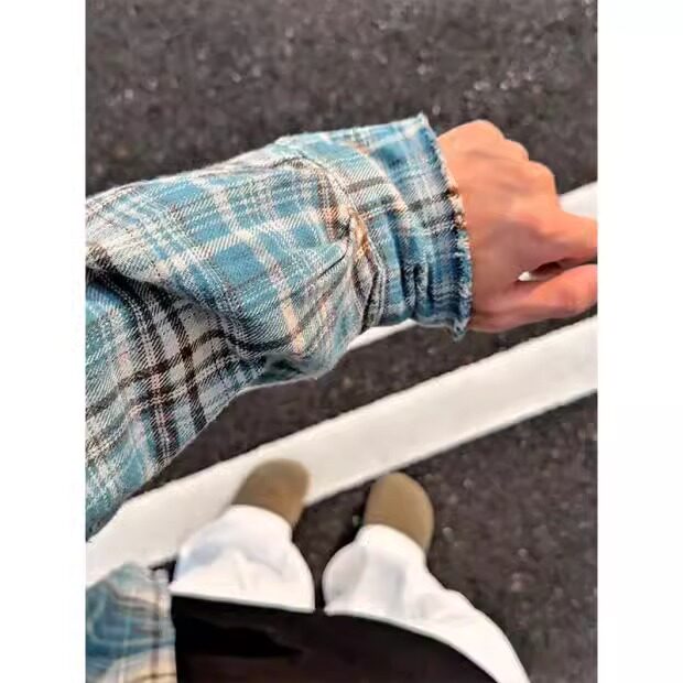 393-特P33美式复古红色格子衬衫男高级感慵懒风衬衣学院风外套,男装衬衫,星座215-1