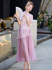 新中式国风套装裙女2025夏新款印花立领改良旗袍上衣半身裙两件套，女装套装/套裙，美沁