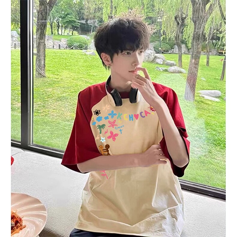 抖音得物高品质二开240克宽松纯棉美式潮牌插肩袖拼接短袖T恤,男装T恤,电商A486-1