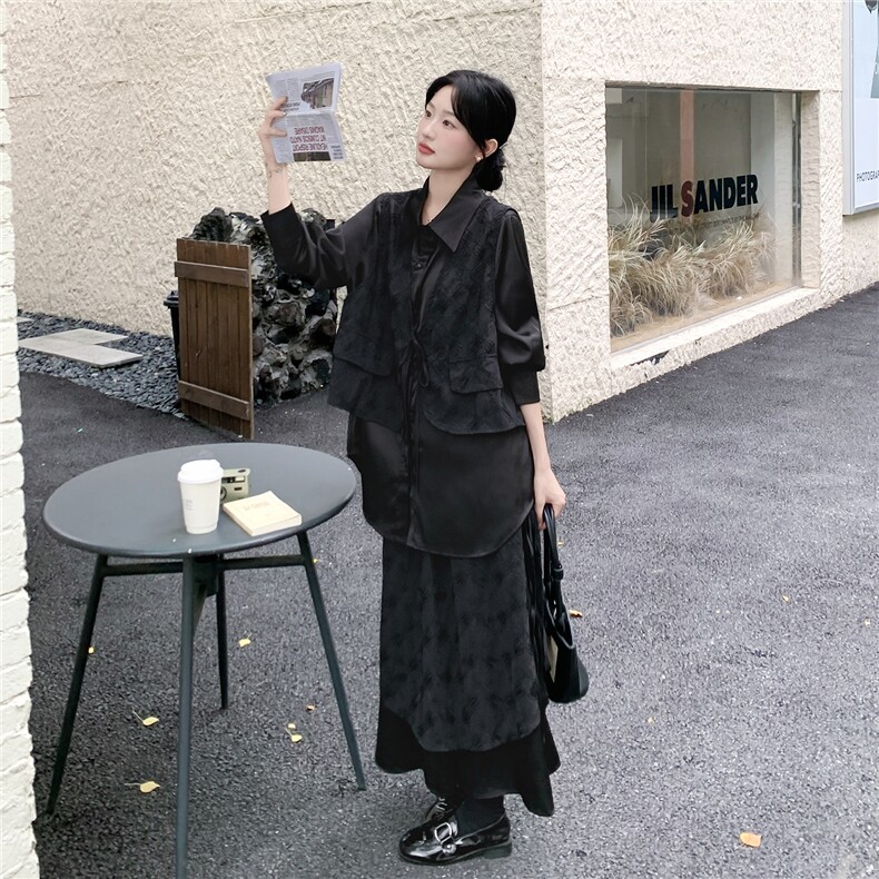 现货2D078-T1933-T175K258酷飒风设计感假两件衬衫+半裙2件套,女装套装/套裙,2D078