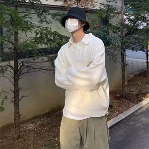 潮流翻领毛衣男潮流百搭纯色线衣宽松慵懒港风情侣针织衫图片
