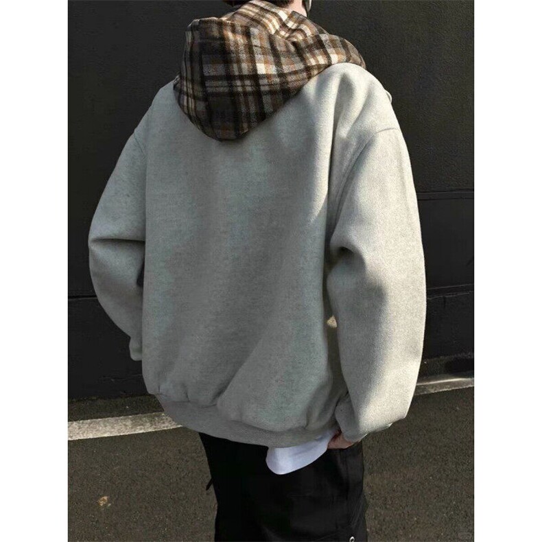 秋冬季新款美式复古街头假两件格子连帽拉链棉服男女宽松百搭外套,男装棉衣,星座1001-1