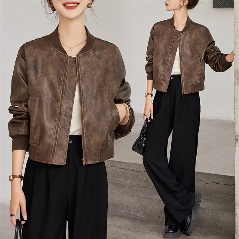 欧美风短款机车棕色皮衣外套女秋季新款宽松夹克高级感复古棒球服，女装皮衣，江南女神