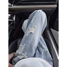 B221美式ins高街暗黑宽松直筒破洞牛仔裤LK25503-特P45控78，男装牛仔裤，电商B221