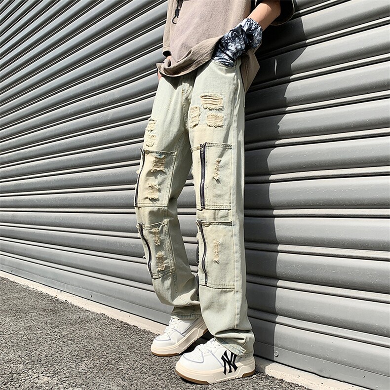 高街重工牛仔裤设计感拉链破洞vibe风潮流直筒裤子男N06038-P50,男装牛仔裤,星座308B-1