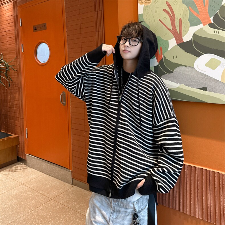 美式条纹连帽开衫针织衫秋冬季潮流宽松休闲百搭毛衣,男装针织衫/毛衣,星座410-7
