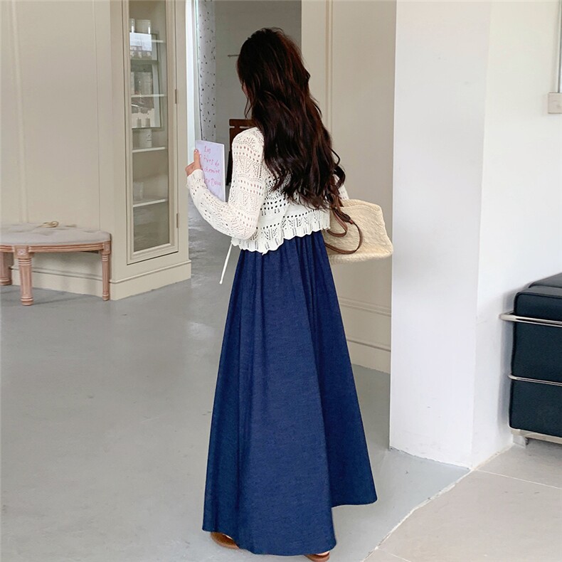 温柔风藏青色巨好看的掐腰连衣裙女2025夏季新款气质显瘦吊带长裙,女装套装/套裙,2C271