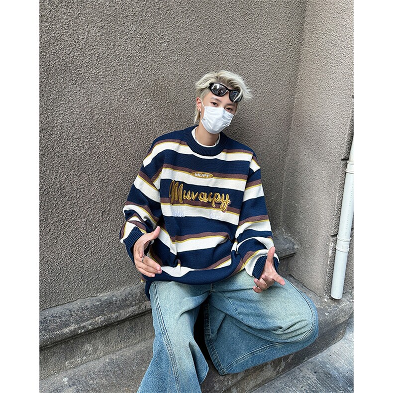 美式复古慵懒风条纹套头毛衣男女秋冬圆领情侣装针织衫MY0986-P60,男装针织衫/毛衣,星座308B-2