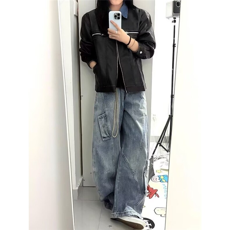 高街解构多口袋牛仔裤男冬潮牌设计感阔腿裤子美式水洗廓形弯刀裤图片